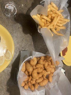 Side of fries and buckets shrimp