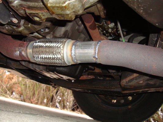 New flex pipe welded on Toyota Camry by Caesar at Garcia's Muffler shop on March 26, 2021.  Ready for another 200,000 miles!