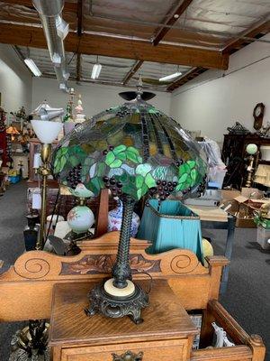 My repaired and restored Tiffany-style lamp, inside the shop.