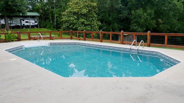 Geometric pool design fits perfectly in this outdoor space.