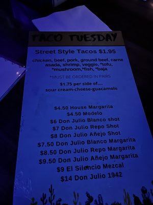 Taco Tuesday Menu