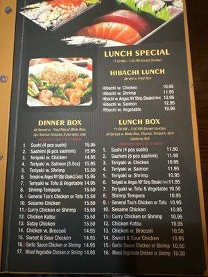 Menu as of March 2023