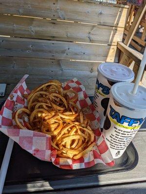 Curly fries with Cajun seasoning. Fruity Explosion and Cotton Candy/Marshmallow milkshake. So far so good.