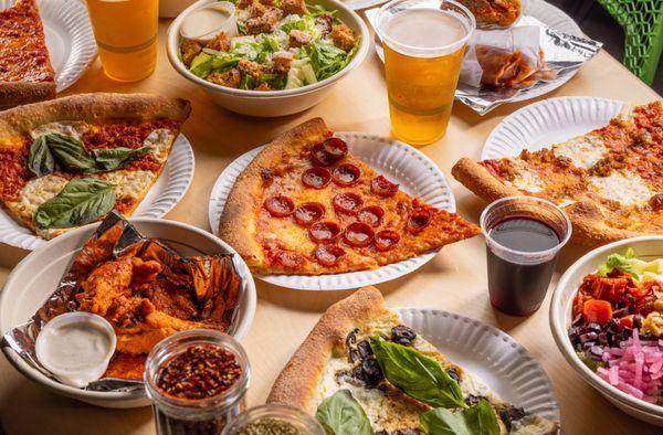 Assorted slices, beer, and wine at Danny Boy's Pizza in Westwood.