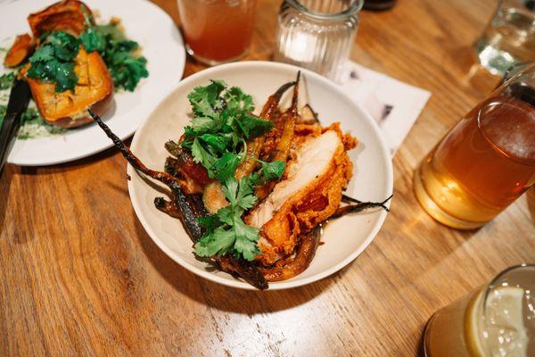 Crispy Chicken with roasted vegetables, lemon, agave & dijonnaise