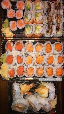 Tuna Roll, California Roll, Eel Avocado Roll, Spicy Maki Combo, and Shrimp Tempura Roll