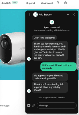 Chat is about the only way to communicate directly with an Arlo Support agent but it can be very frustrating as you can see.