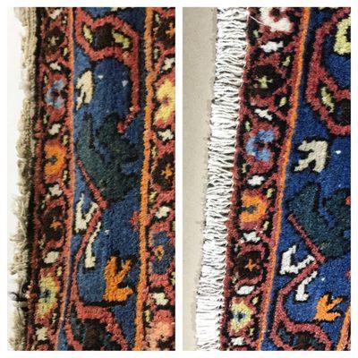 Here the ends were repaired by 'bringing in' the damaged lines of the rug, securing and then overcasting to prevent any 'unraveling'.