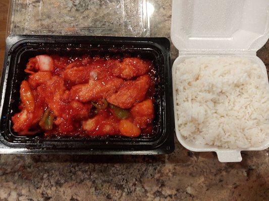 Sweet & Sour chicken, white rice. Take-out.