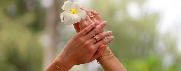 Our award winning Kaimana plumeria in ring and bracelet designs.