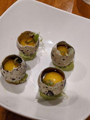 Quail eggs! I love a few drops of ponzu with these.