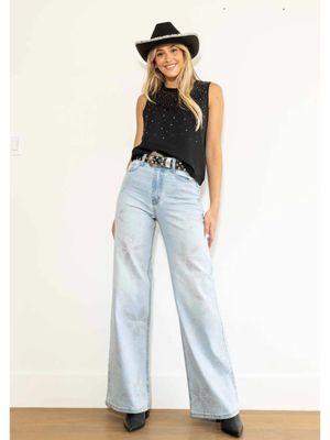 Flower Rhinestone Wide Leg Jeans