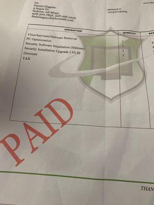 Invoicing for repair. Total cost $400 including software and virus protection