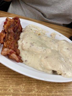 Biscuits and gravy with bacon