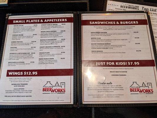 Food menu at Rutland Beer Works