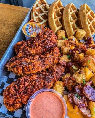 Chicken, Waffles, loaded tots.