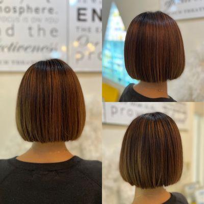 Natural orange brown highlight bob style.
Done by Azuma