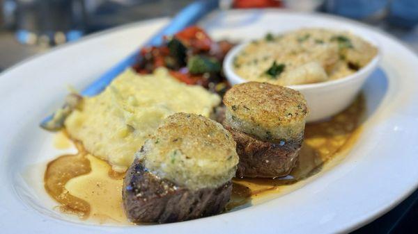 Parmesan crusted fillet medallions with scallop gratin