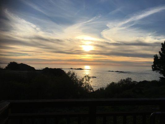 The view of the back deck at sun down