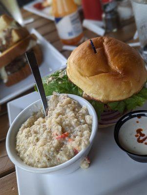 Salmon Cake Sandwich + Pimento cheese grits