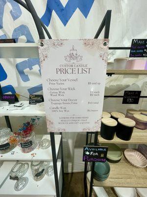 Price list to create your own candle.