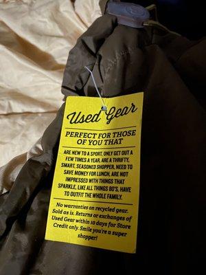 Tag says, "Used Gear: perfect for those of you that are new to a sport, only get out a few times a year, are thrifty..."