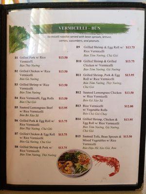 Vermicelli (Rice Noodle) Menu