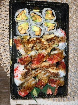 Avacado peanut roll, spider maki roll, and shrimp tempura roll (top to bottom)