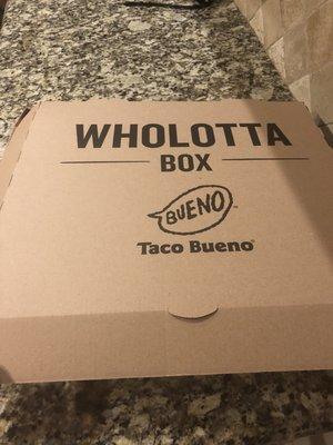 Empty box.The box is huge. 10tacos/2beans/2rice/salsa/chips-$10