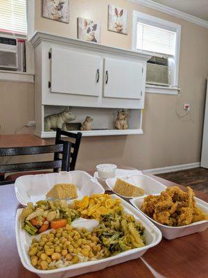 Big vegan soul food plate with fried mushrooms