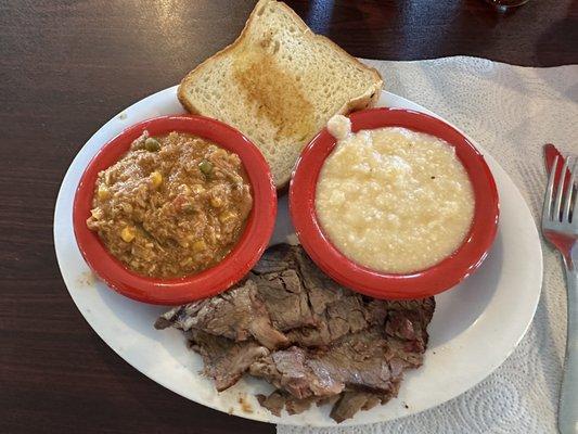 Sliced Brisket with Grits and Brunswick Stew