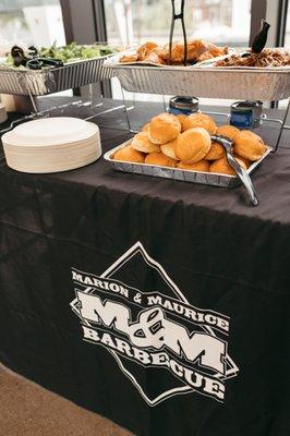 Our wedding buffet spread from M&M BBQ. Photo by Bailey Quinlan: baileyqphoto.com (@baileyqphoto)