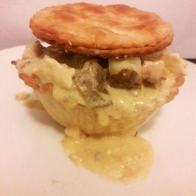 Chicken, bacon, and potato pie with creamy mushroom sauce and cheddar.