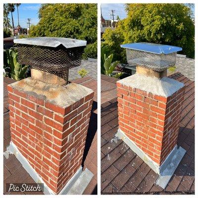 Chimney crown repair. Chimney cap galvanized rusted replaced with stainless steel cap and top damper.