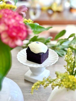 Ube Cube Pound Cake topped with Coconut Cream Ganache