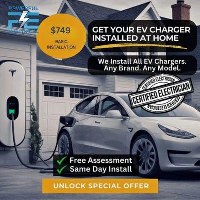 Get your EV charger installed at home for only $749 for a basic installation!