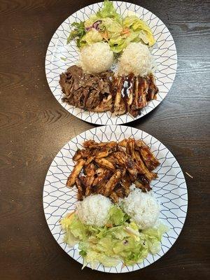 Spicy chicken teriyaki and a combo of beef and chicken teriyaki