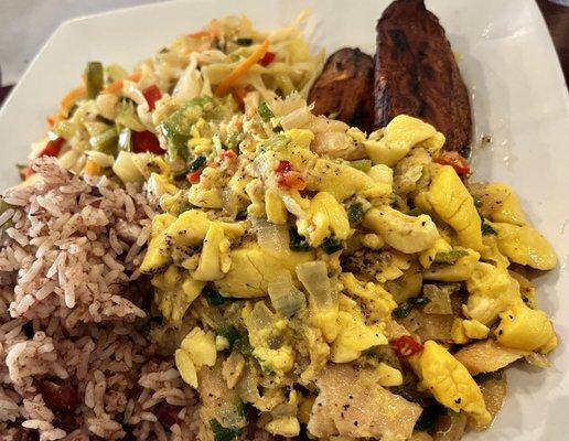 Ackee and Salt Fish Dinner.  It's on the salty side due to salty fish.