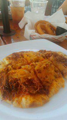 Pulled Pork Flatbread and Onion Rings