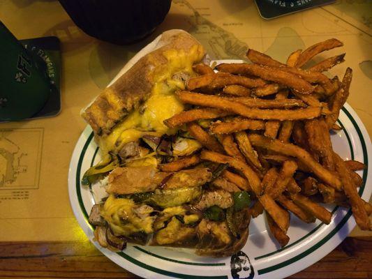 Tuna philly sandwich with sweet potato fries