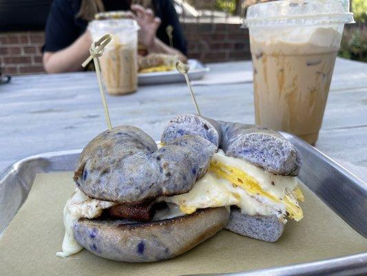 Blueberry bagel with bacon egg and cheese Salted caramel iced latte