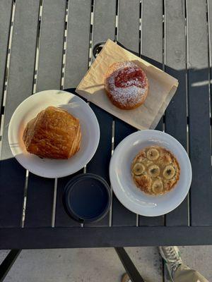 Pain au chocolate, coffee, banana butterscotch pastry