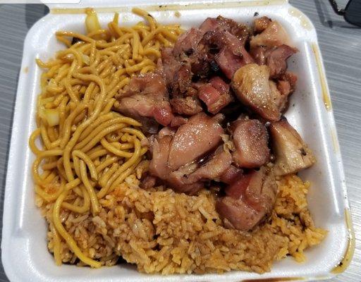 Kelly's Cajun Grill, Bourbon Chicken with noodles and rice.