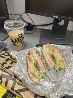 Tuna sandwich on onion bread Milk + sugar iced coffee