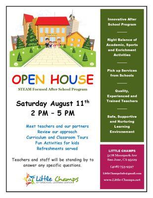 Join us for Open house at Little Champs on Aug 11, 2 pm to 5 pm