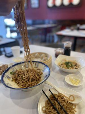 Sesame paste noodles, soup dumplings and chili oil wontons