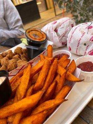 Sweet Potato Fries Beer Battered Cauli Bites and two burgers!