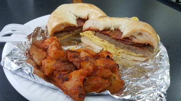 "Buddy Buster" bacon egg and sausage  (I asked for no cheese) and a fresh plain bagel with home fries. About  $6