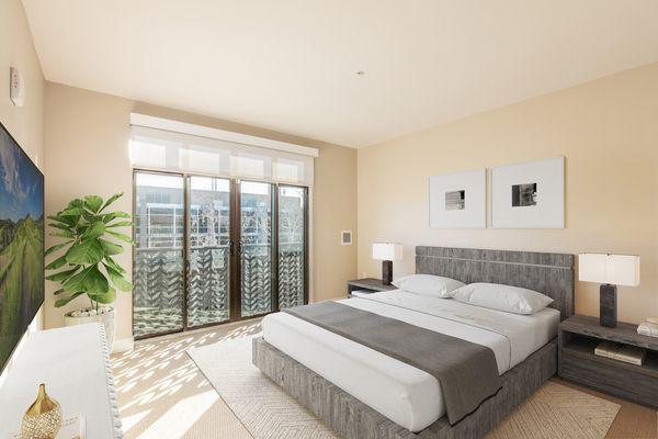 Bedroom with sliding glass, balcony doors.