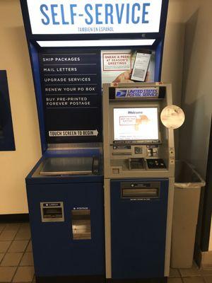 Self service kiosk. Can use any time of day or night to skip the line. Ships packages and you can buy stamps .